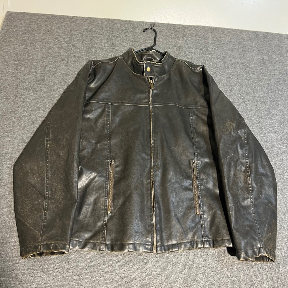 Arizona Jean Co Mens XL Distressed Brown Faux Leather Racer Jacket Cafe Style